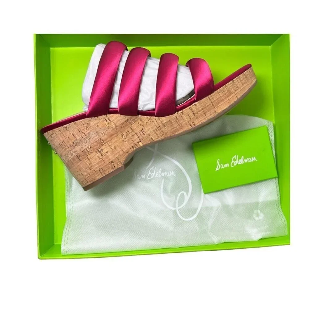 Sam Edelman Womens Red Satin Strappy Open Toe Cork Wedge Sandals Sz 9 M New